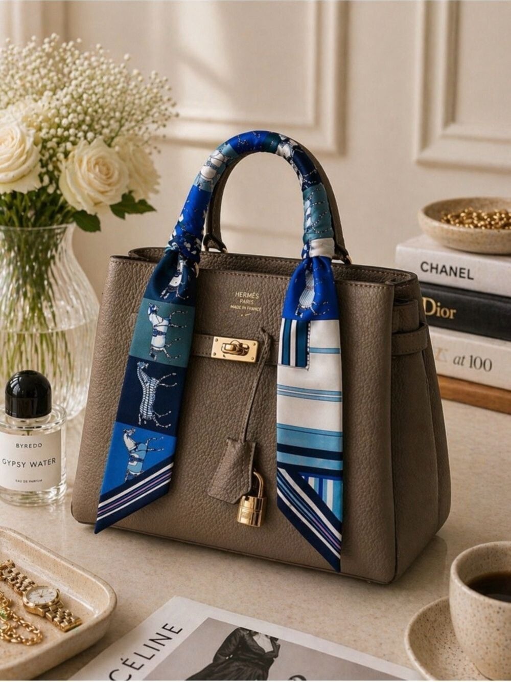 EQUESTRIAN SKINNY SCARF BLUE STRIPE HAIR TIE BAG HANDLE WRAP NECK WRIST TIE